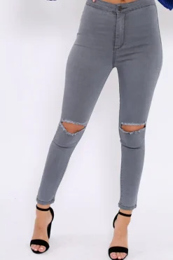 Rebellious Fashion Grey Ripped Knee High Waist Skinny Jeans -Leeya
