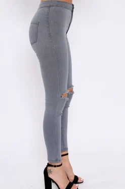 Rebellious Fashion Grey Ripped Knee High Waist Skinny Jeans -Leeya