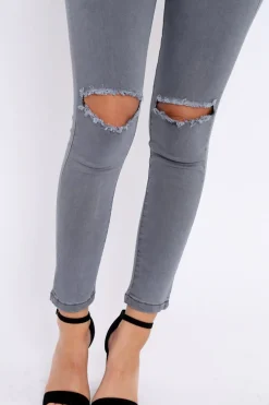 Rebellious Fashion Grey Ripped Knee High Waist Skinny Jeans -Leeya