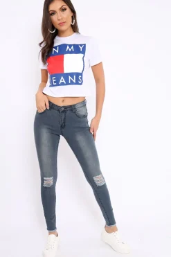 Rebellious Fashion Grey Ripped Knees Skinny Jeans - Adelai