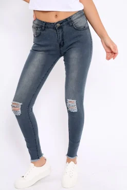 Rebellious Fashion Grey Ripped Knees Skinny Jeans - Adelai