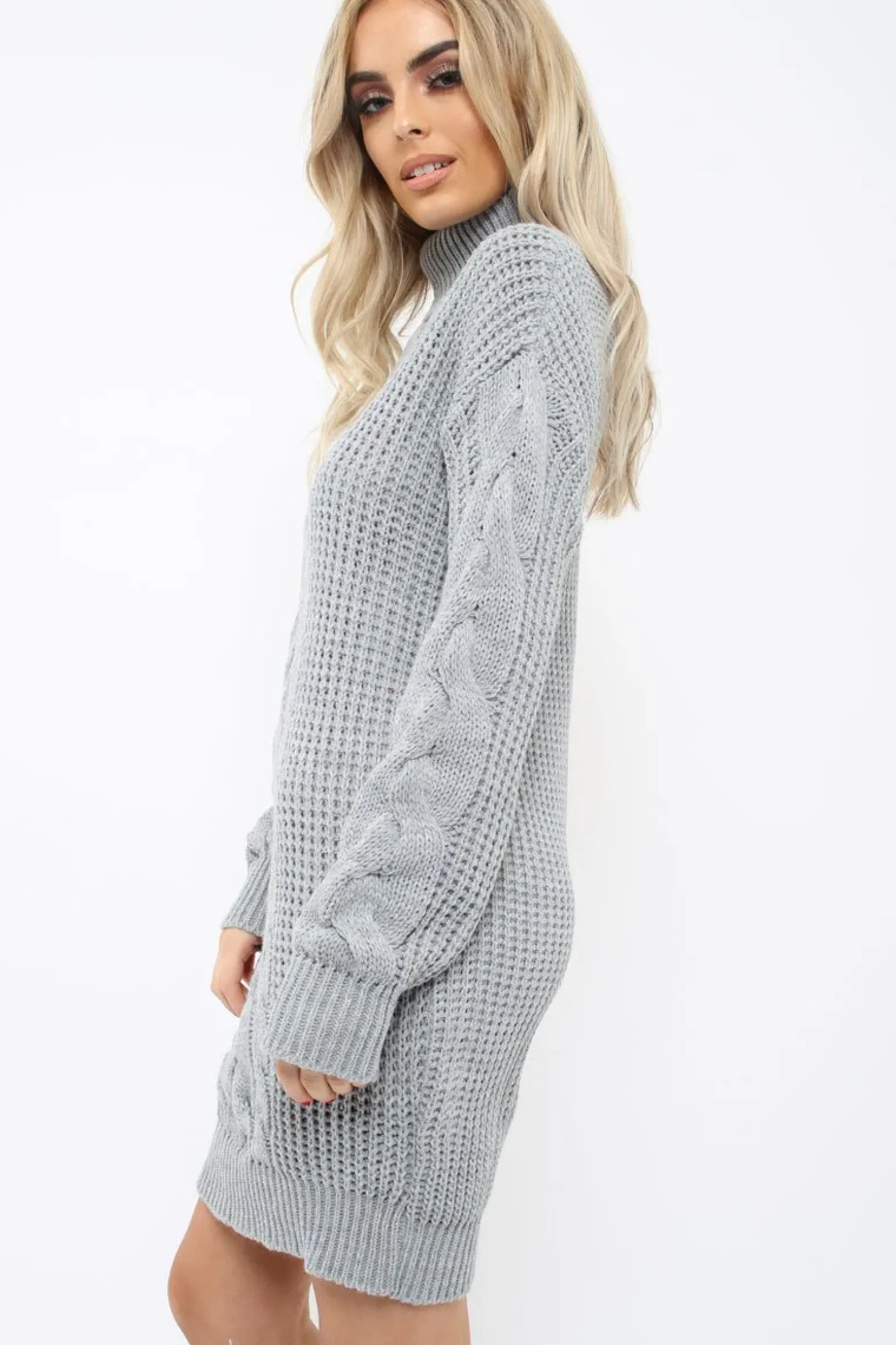 Rebellious Fashion Grey Roll Neck Cable Knit Jumper Dress - Dawn