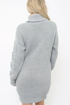 Rebellious Fashion Grey Roll Neck Cable Knit Jumper Dress - Dawn