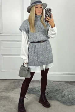 Rebellious Fashion Grey Roll Neck Cable Knit Vest - Emira