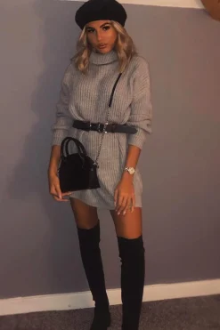 Rebellious Fashion Grey Roll Neck Mini Jumper Dress - Dariyana