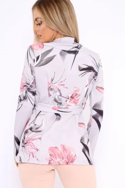 Rebellious Fashion Grey Rose Floral Belted Blazer - Kenna