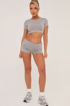 Rebellious Fashion Grey Round Neck Cropped Top & Ruched Shorts Co-ord Set - Lyla
