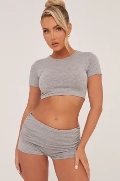 Rebellious Fashion Grey Round Neck Cropped Top & Ruched Shorts Co-ord Set - Lyla