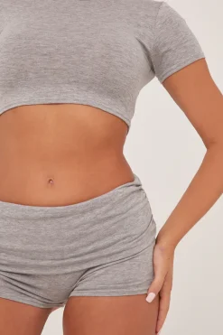 Rebellious Fashion Grey Round Neck Cropped Top & Ruched Shorts Co-ord Set - Lyla