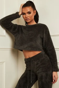 Rebellious Fashion Grey Round Neck Teddy Sweatshirt - Delsie