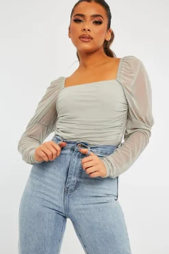 Rebellious Fashion Grey Ruched Body Mesh Sleeve Bodysuit - Raeya