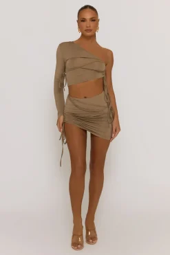 Rebellious Fashion Grey Ruched One Sleeve Crop Top Mini Skirt Co-ord - Chicago