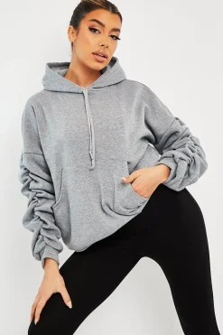 Rebellious Fashion Grey Ruched Sleeve Oversized Hoodie - Dezi