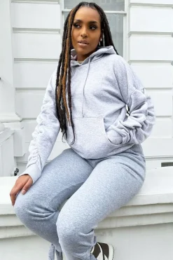 Rebellious Fashion Grey Ruched Sleeve Oversized Hoodie - Dezi