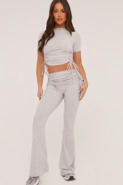 Rebellious Fashion Grey Ruching Detail Cropped Top & Trousers Co-ord Set - Kyani