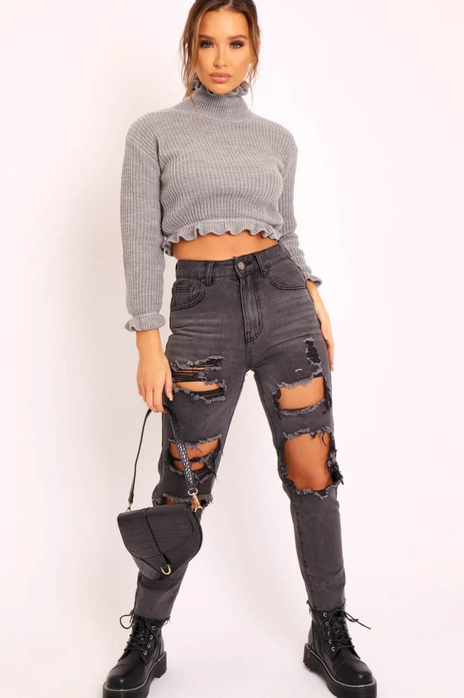 Rebellious Fashion Grey Ruffle Hem Chunky Knit Crop Jumper - Alannah