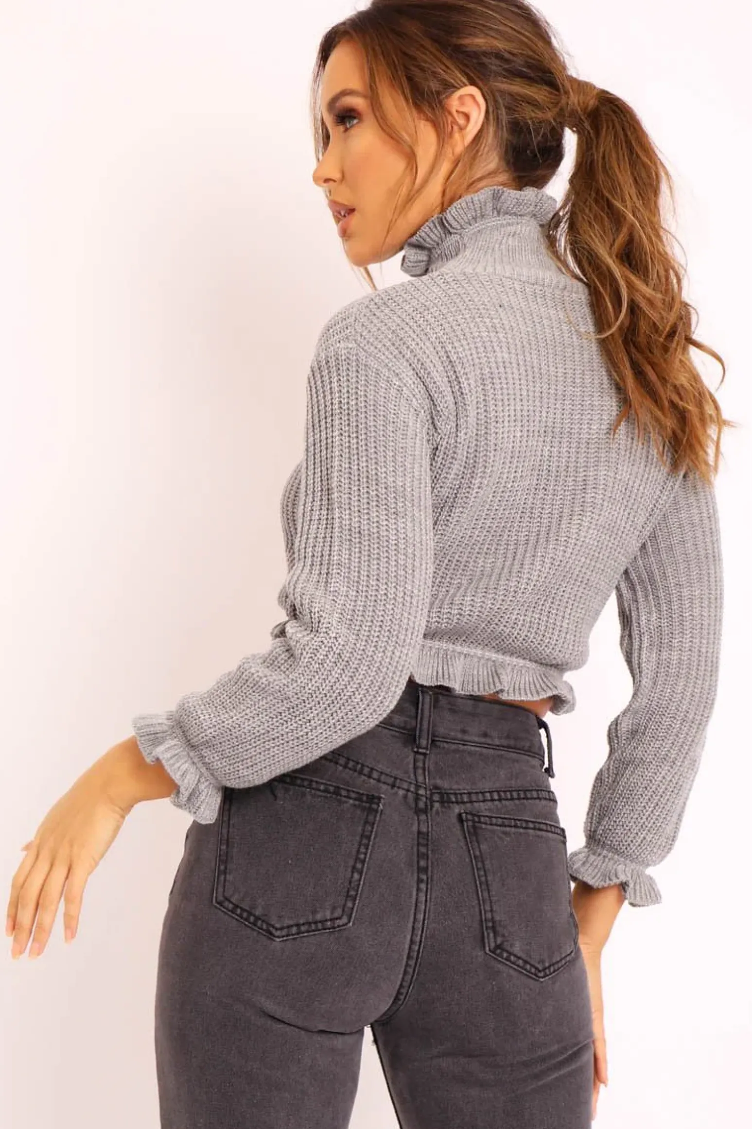 Rebellious Fashion Grey Ruffle Hem Chunky Knit Crop Jumper - Alannah