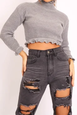 Rebellious Fashion Grey Ruffle Hem Chunky Knit Crop Jumper - Alannah