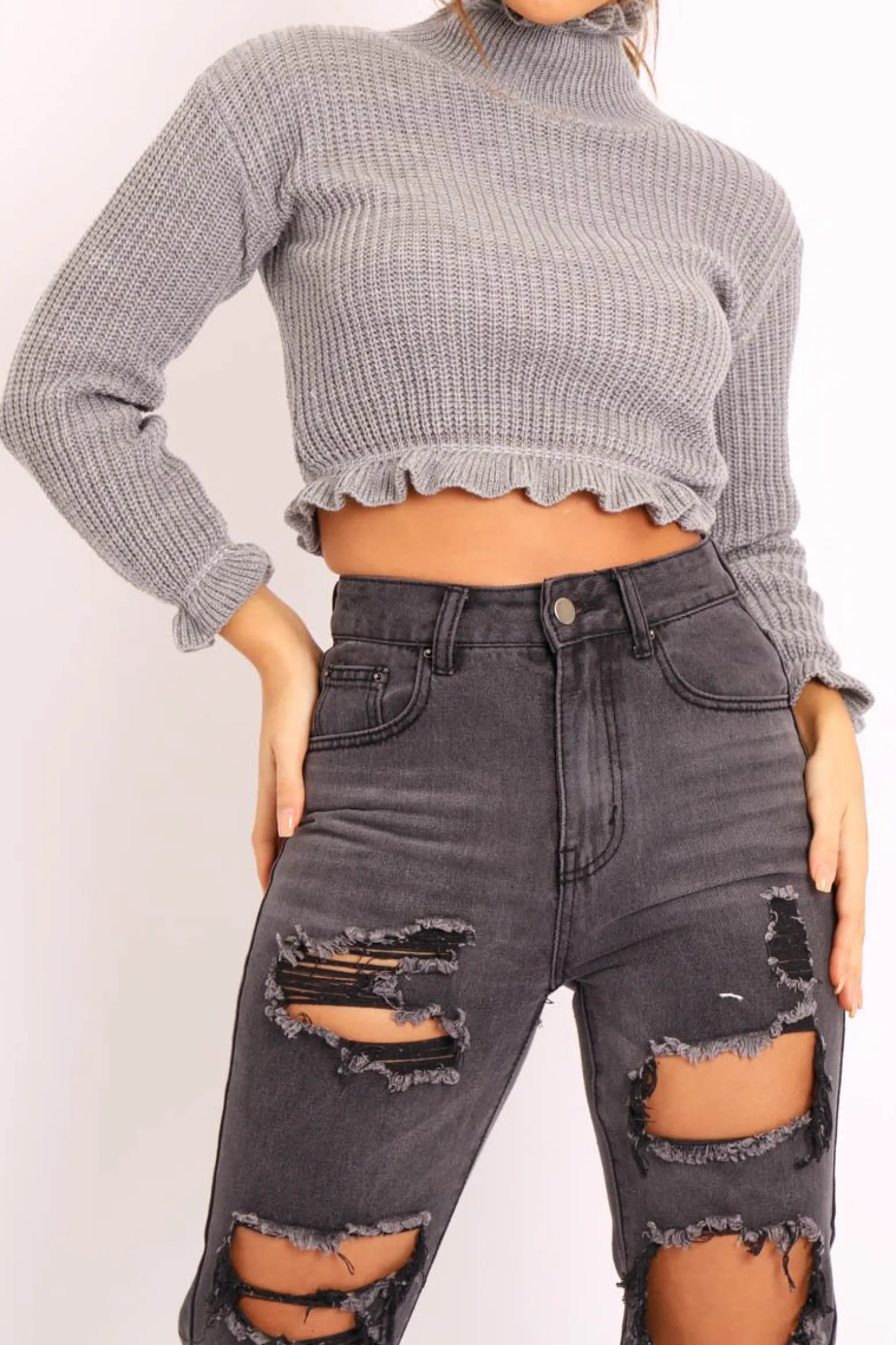 Rebellious Fashion Grey Ruffle Hem Chunky Knit Crop Jumper - Alannah