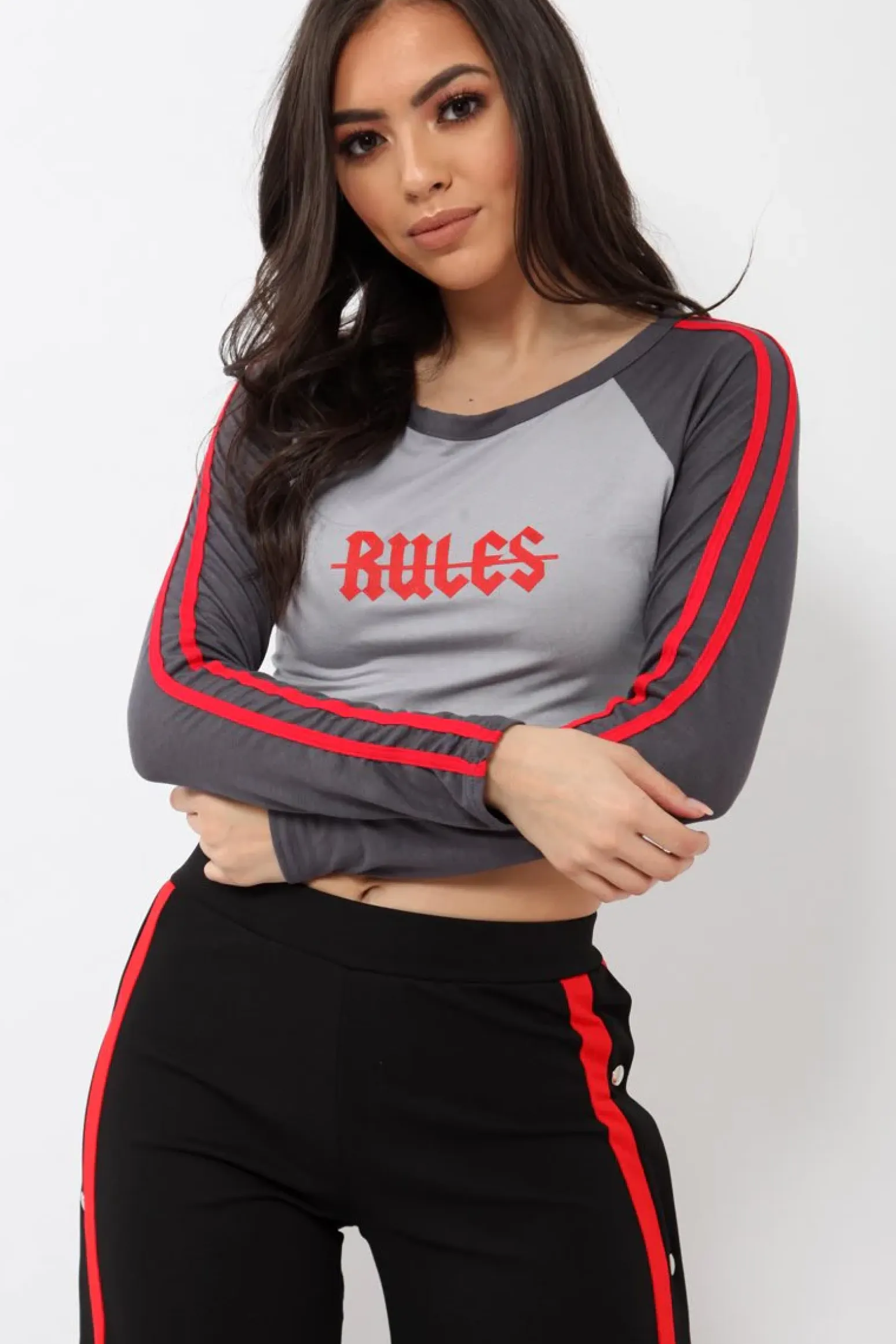 Rebellious Fashion Grey Rules Contrast Sleeves Crop Top - Cora