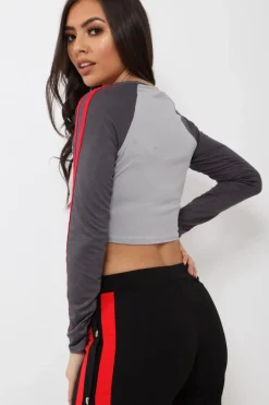 Rebellious Fashion Grey Rules Contrast Sleeves Crop Top - Cora