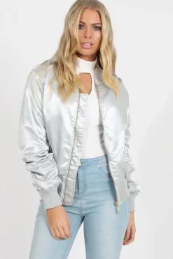 Rebellious Fashion Grey Satin Bomber Jacket - Neve