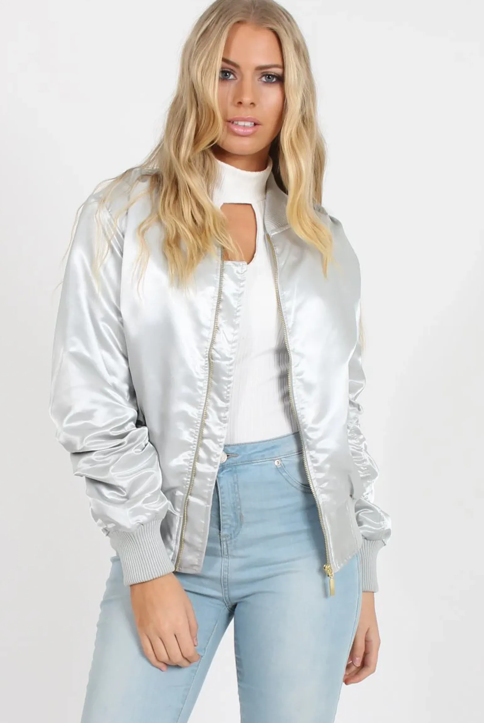 Rebellious Fashion Grey Satin Bomber Jacket - Neve