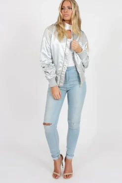 Rebellious Fashion Grey Satin Bomber Jacket - Neve