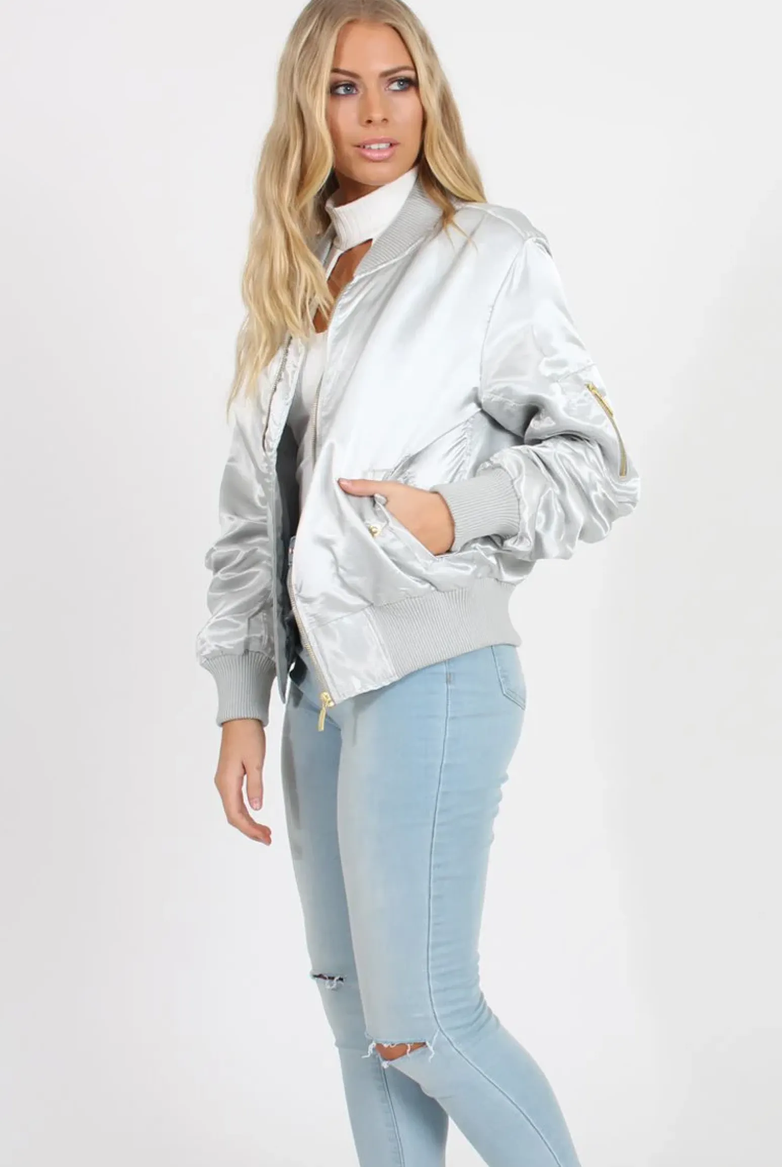 Rebellious Fashion Grey Satin Bomber Jacket - Neve