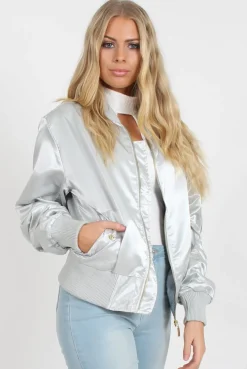 Rebellious Fashion Grey Satin Bomber Jacket - Neve