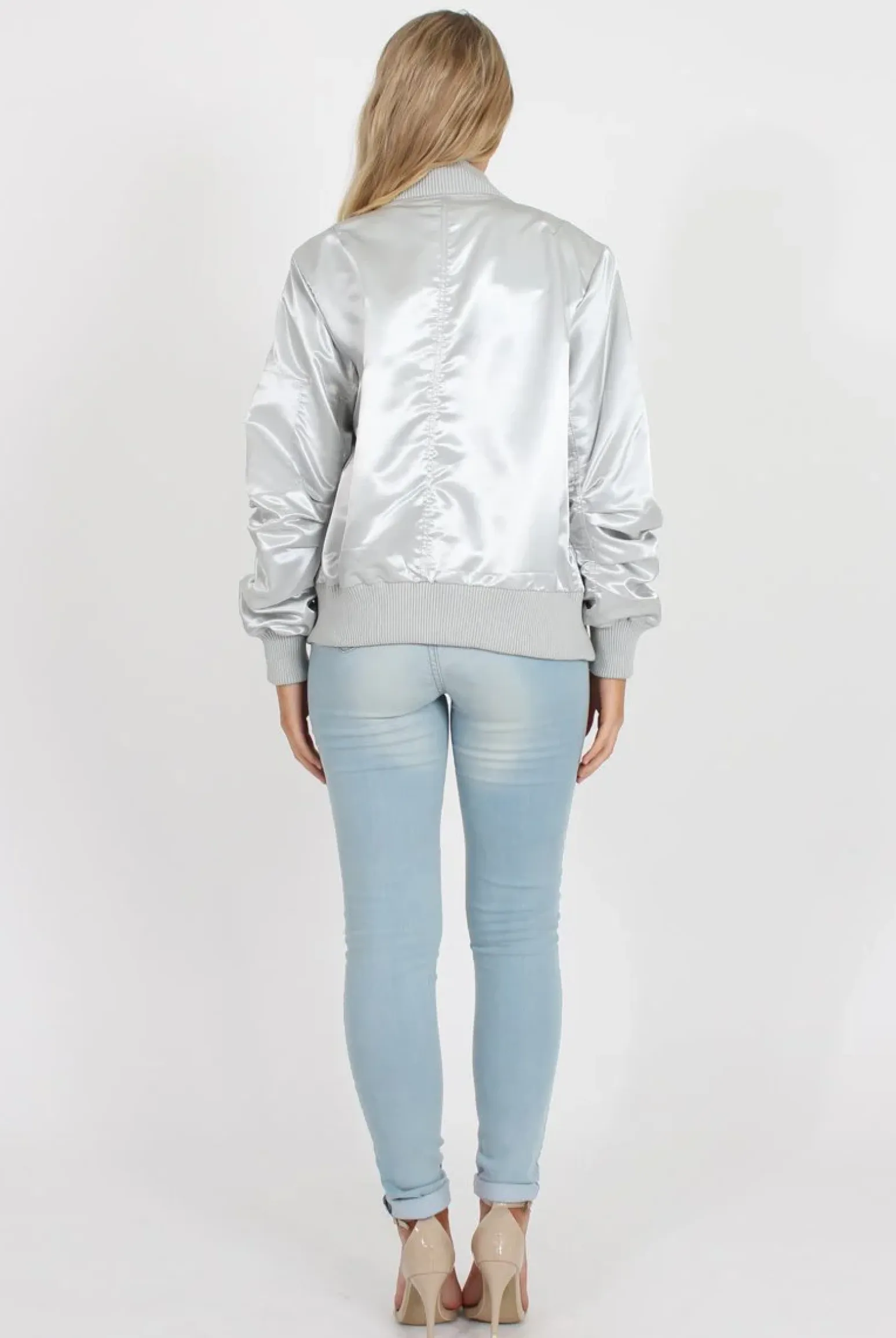 Rebellious Fashion Grey Satin Bomber Jacket - Neve