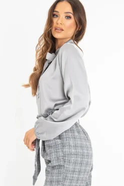 Rebellious Fashion Grey Satin Tie Front Long Sleeve Blouse - Cherie