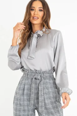Rebellious Fashion Grey Satin Tie Front Long Sleeve Blouse - Cherie