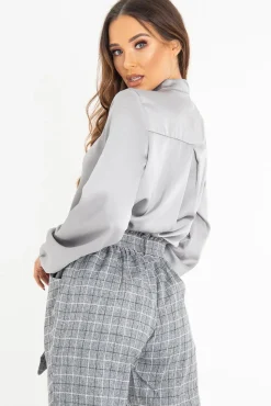 Rebellious Fashion Grey Satin Tie Front Long Sleeve Blouse - Cherie