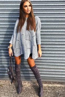 Rebellious Fashion Grey Scallop Hem Knit Jumper - Elyssa