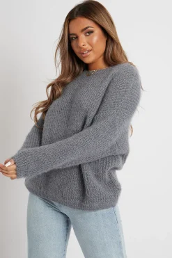Rebellious Fashion Grey Scoop Neck Fluffy Jumper - Ameliah