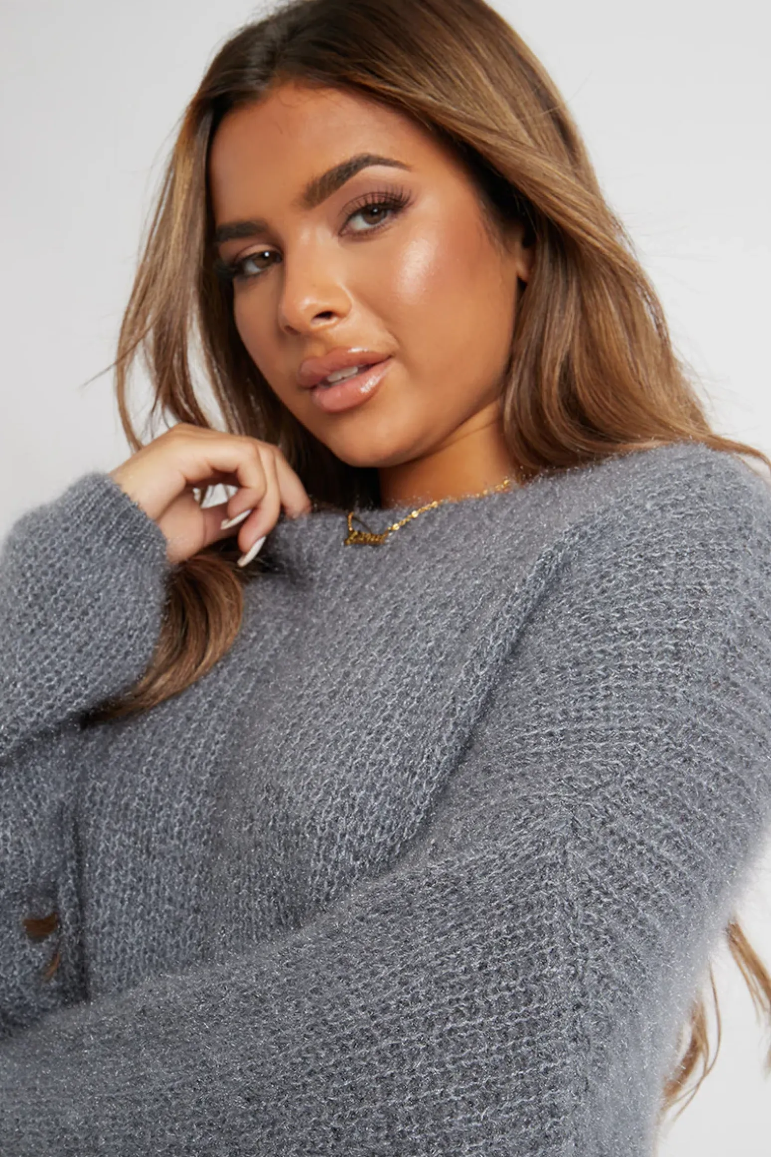 Rebellious Fashion Grey Scoop Neck Fluffy Jumper - Ameliah