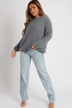 Rebellious Fashion Grey Scoop Neck Fluffy Jumper - Ameliah