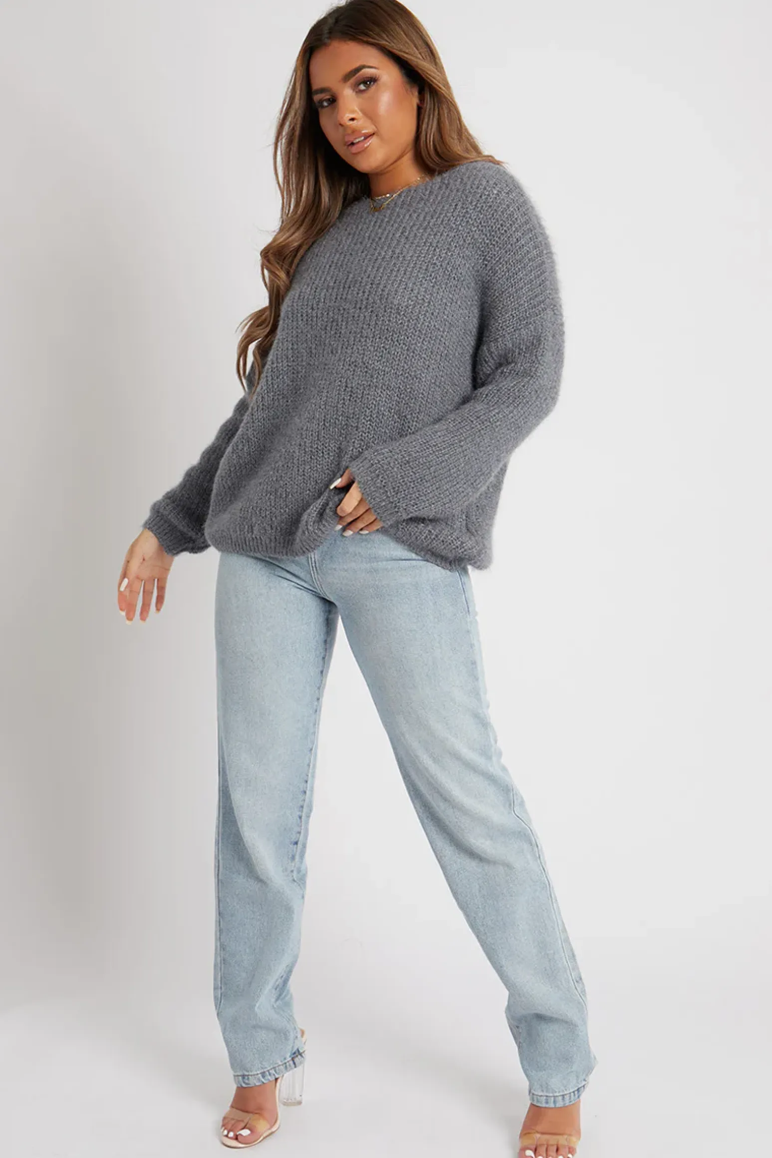 Rebellious Fashion Grey Scoop Neck Fluffy Jumper - Ameliah