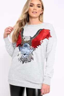 Rebellious Fashion Grey Sequin Embellished Rock Eagle Slogan Sweatshirt - Zaria