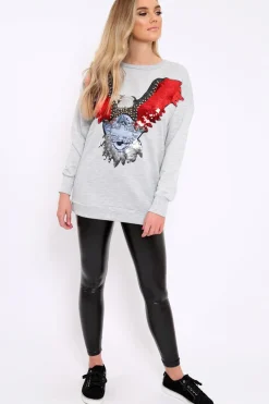 Rebellious Fashion Grey Sequin Embellished Rock Eagle Slogan Sweatshirt - Zaria