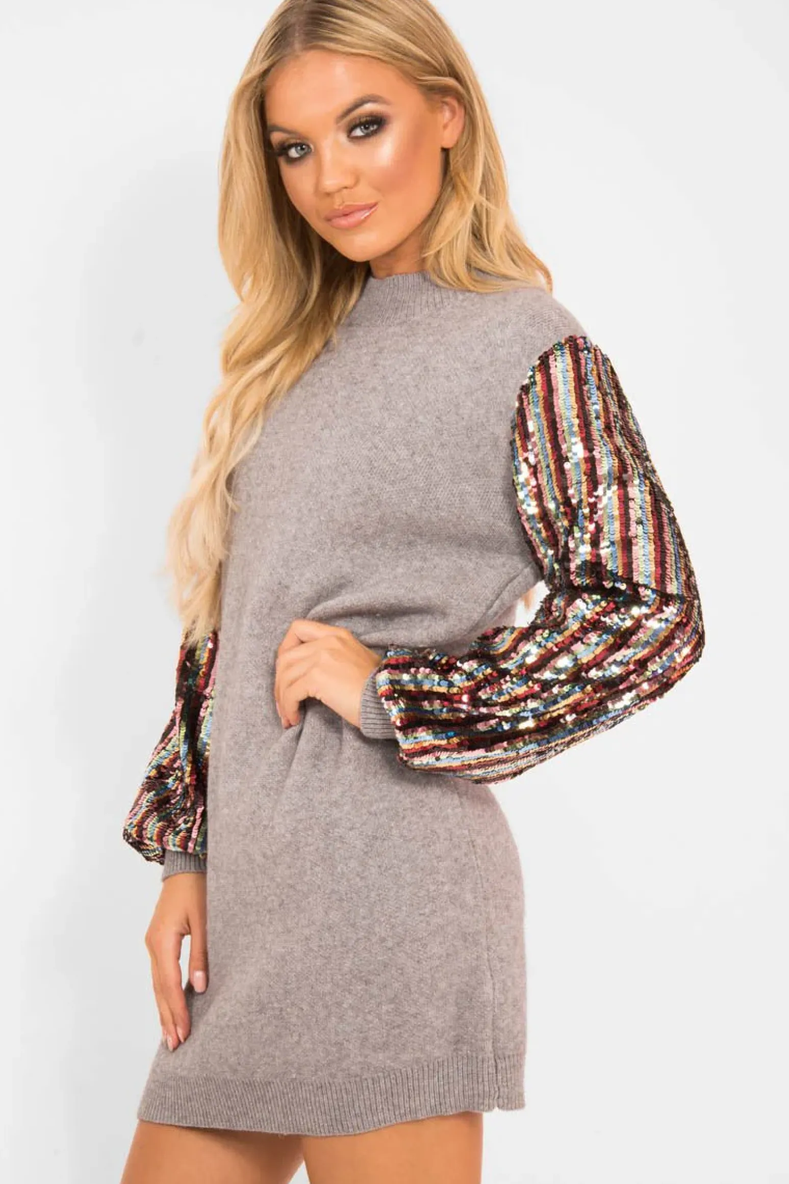 Rebellious Fashion Grey Sequin Sleeve Jumper Dress - Moniece