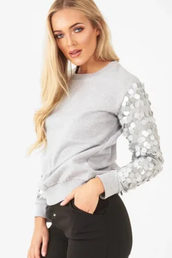 Rebellious Fashion Grey Sequin Sleeve Sweatshirt - Tasmin