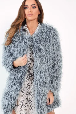 Rebellious Fashion Grey Shaggy Faux Fur Coat - Evalina