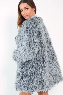 Rebellious Fashion Grey Shaggy Faux Fur Coat - Evalina