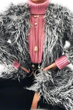 Rebellious Fashion Grey Shaggy Faux Fur Coat - Evalina