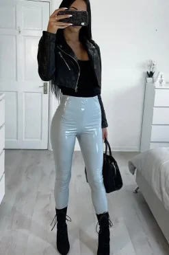 Rebellious Fashion Grey Shiny Vinyl PU Leggings - Rio