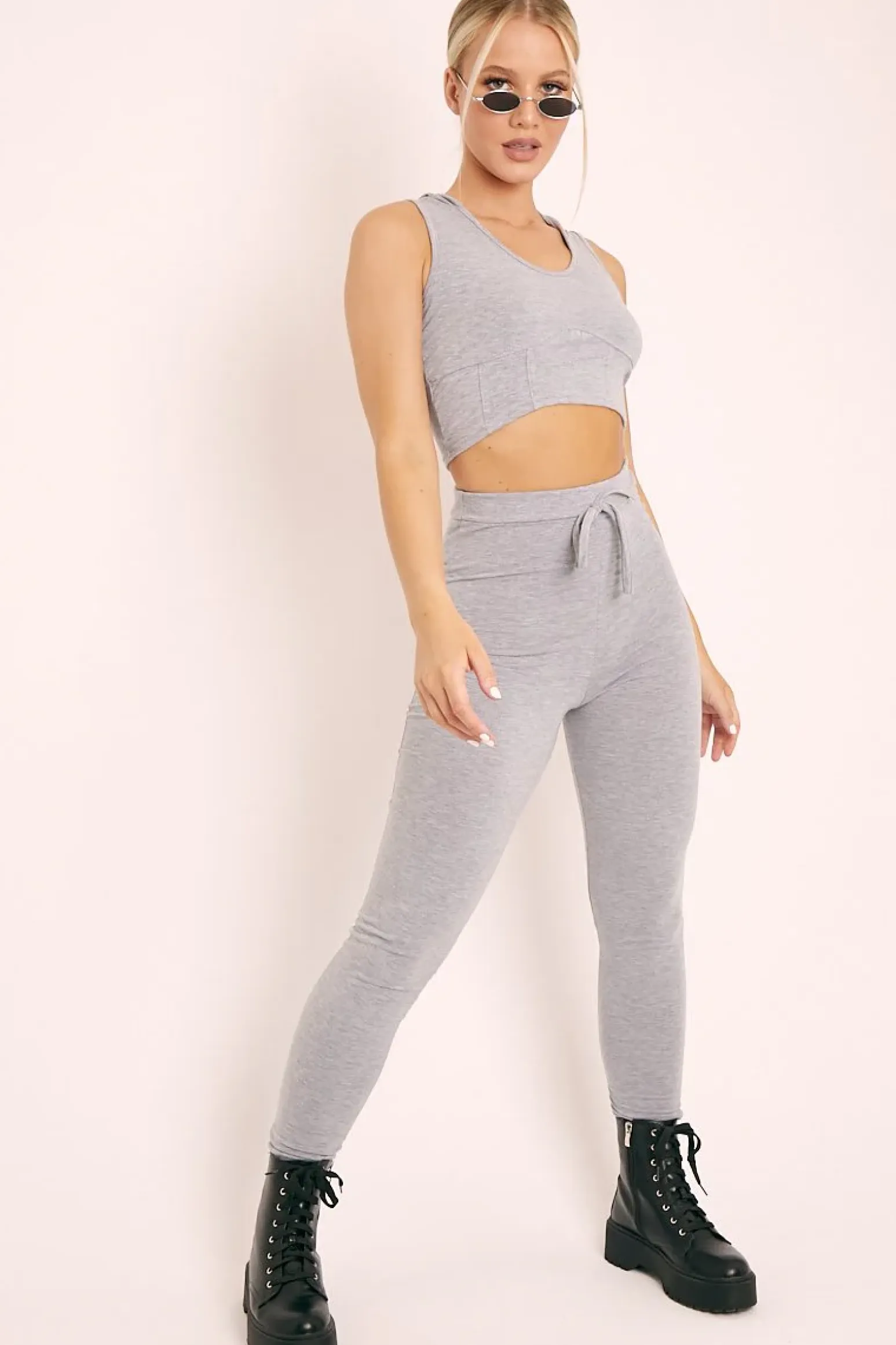 Rebellious Fashion Grey Short Sleeve Hooded Crop Top and Leggings Loungewear Co-ord - Betty