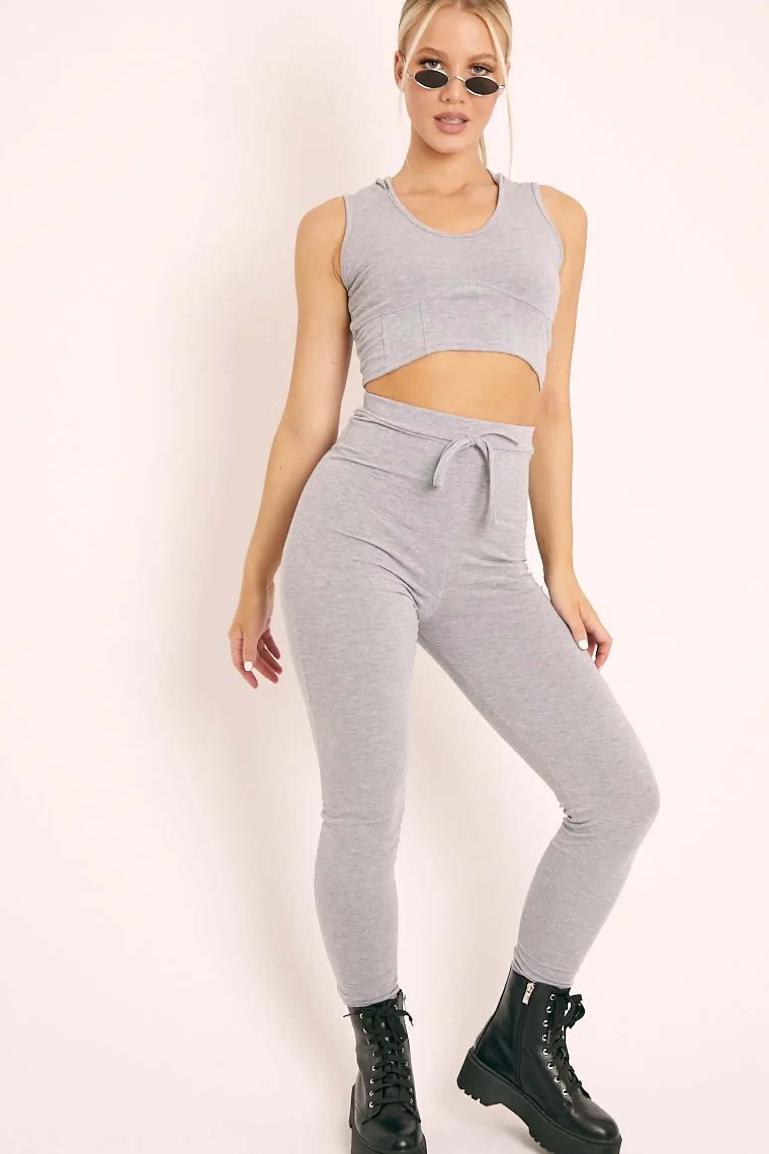 Rebellious Fashion Grey Short Sleeve Hooded Crop Top and Leggings Loungewear Co-ord - Betty