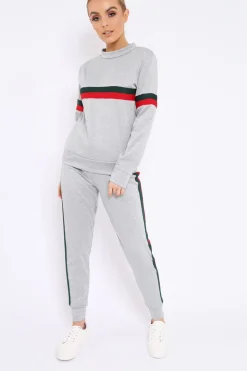 Rebellious Fashion Grey Side Stripe Crew Neck Loungewear Set - Danyela